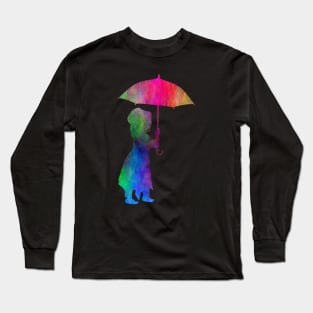 Walking in the Rain Colourful Silhouette Design Long Sleeve T-Shirt